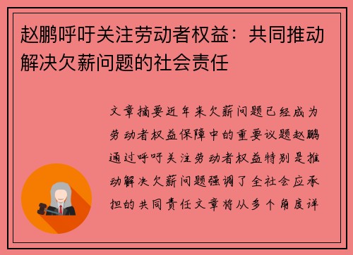 赵鹏呼吁关注劳动者权益：共同推动解决欠薪问题的社会责任